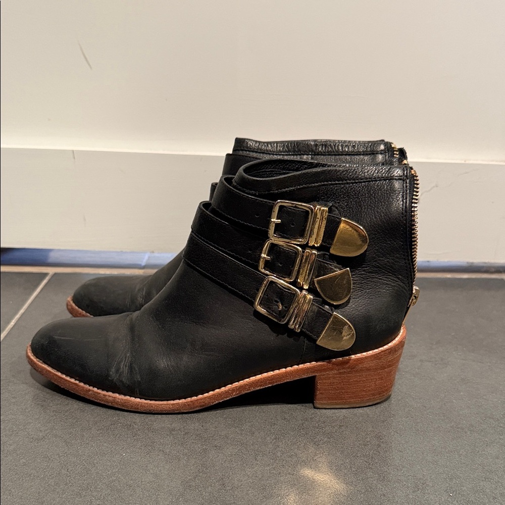 Loffler Randal Black Leather Ankle Boots with Gold Buckles